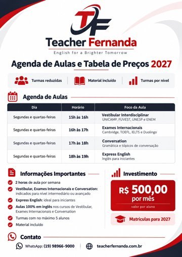 Agenda de Aulas e Tabela de Preços 2027